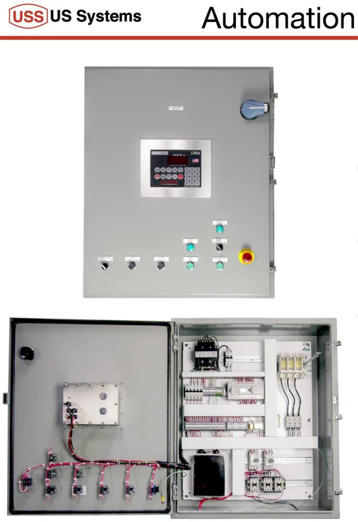 FIBC Bulk Bag Filling Machine Control Panel showing the outside of the panel and the electrical components inside