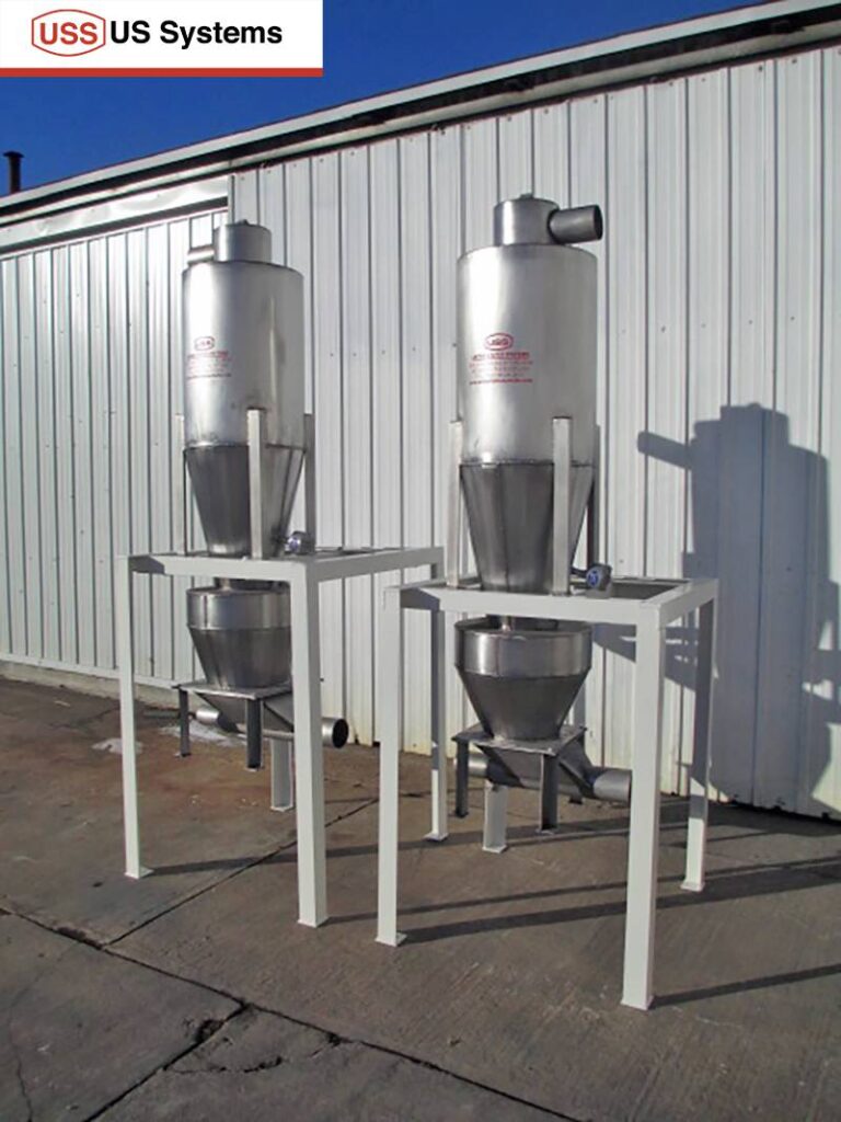 US Systems Cyclone Separators with a Blow-Through Adapter for use with a rotary airlock at a carpet mill in Georgia.